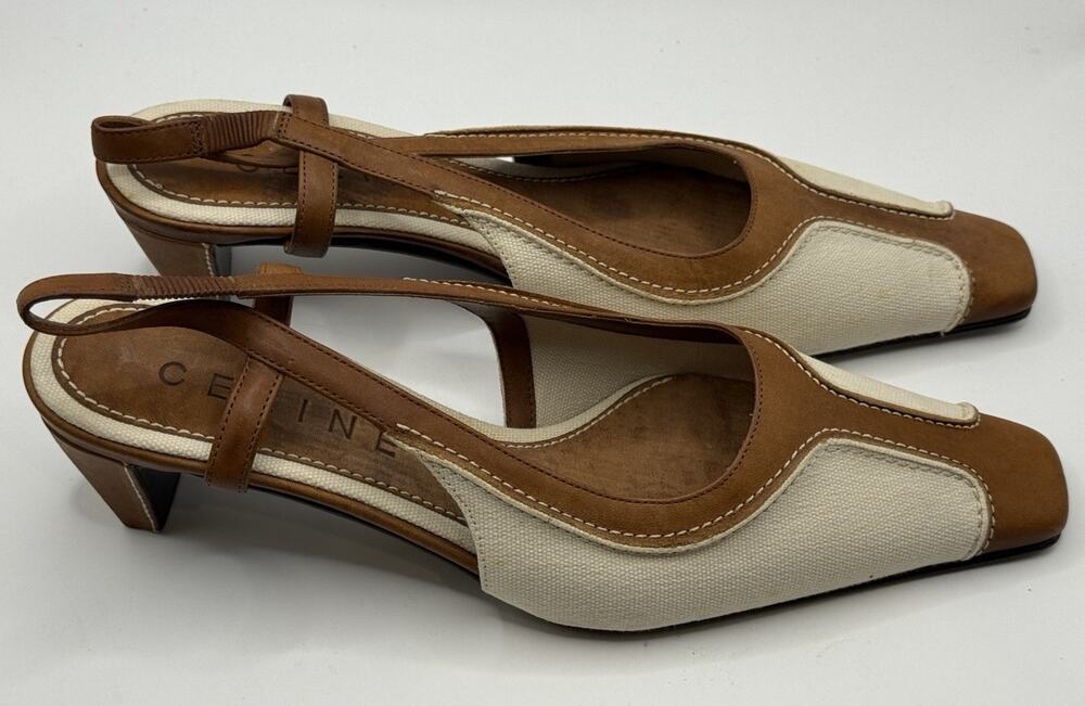 NWOB Celine Slingback Kitten Heels Canvas & Leather Sz 37C US 7 Made In Italy